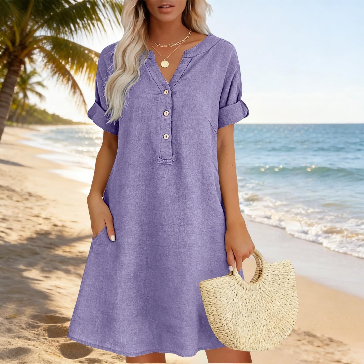 đ LĂ€ssiges Tunika-Kleid fĂŒr Damen mit V-Ausschnitt und Taschen â bequem, vielseitig & perfekt fĂŒr jeden Tag
