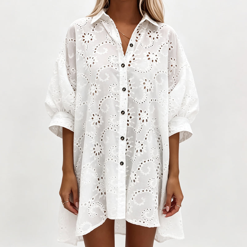 Kurzarmshirt für Damen aus Lochstickerei, Spitze und Burnout-Stoff