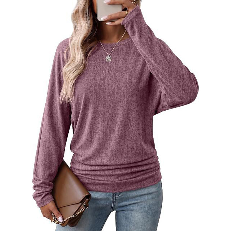 📢🎉50%Rabatt!!!🛍️✨Damen lässiger lockerer Rundhals Langarm Strickpullover mit herunterfallenden Schultern, Fledermausärmeln und seitlicher Rüschenoptik