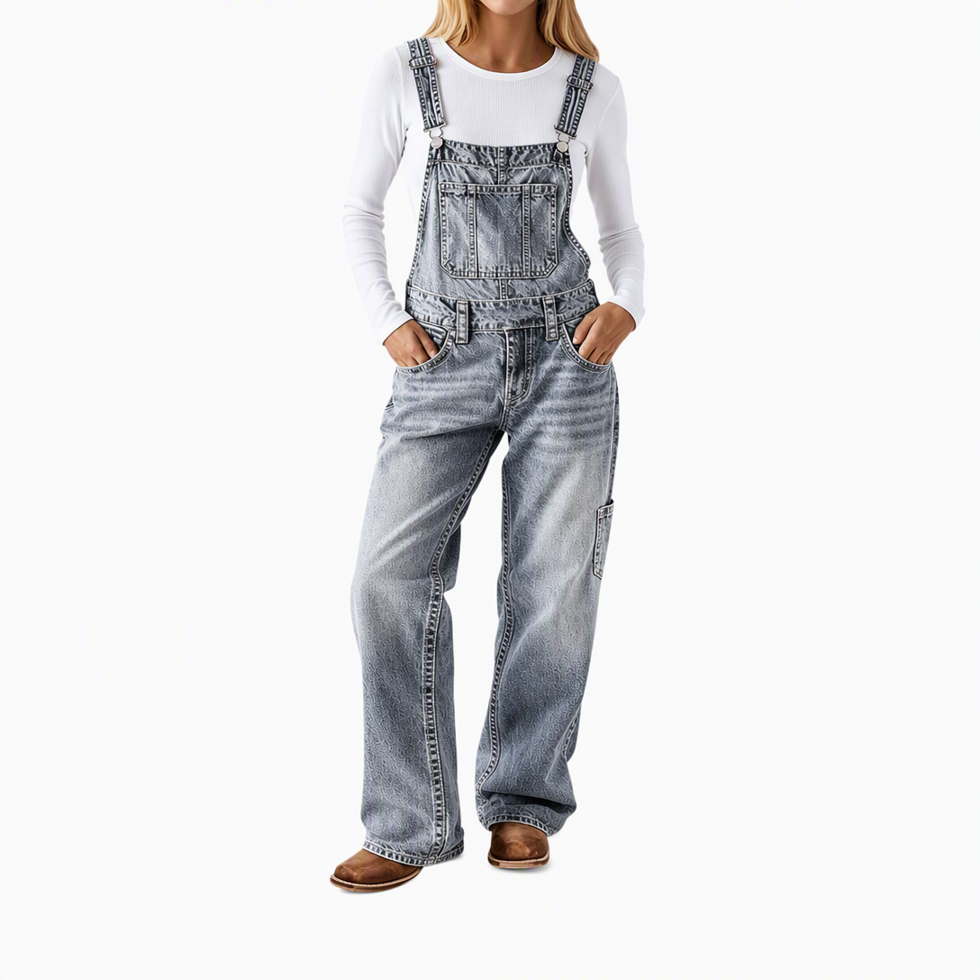 50 % Rabatt! | Damen dehnbare Jeans-Latzhose mit weitem Bein und verstellbaren Trägern