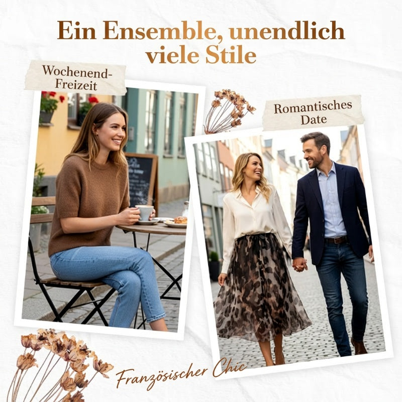 Zweiteiliges Set für Damen bestehend aus Pullover und fließendem Rock mit Leopardenmuster