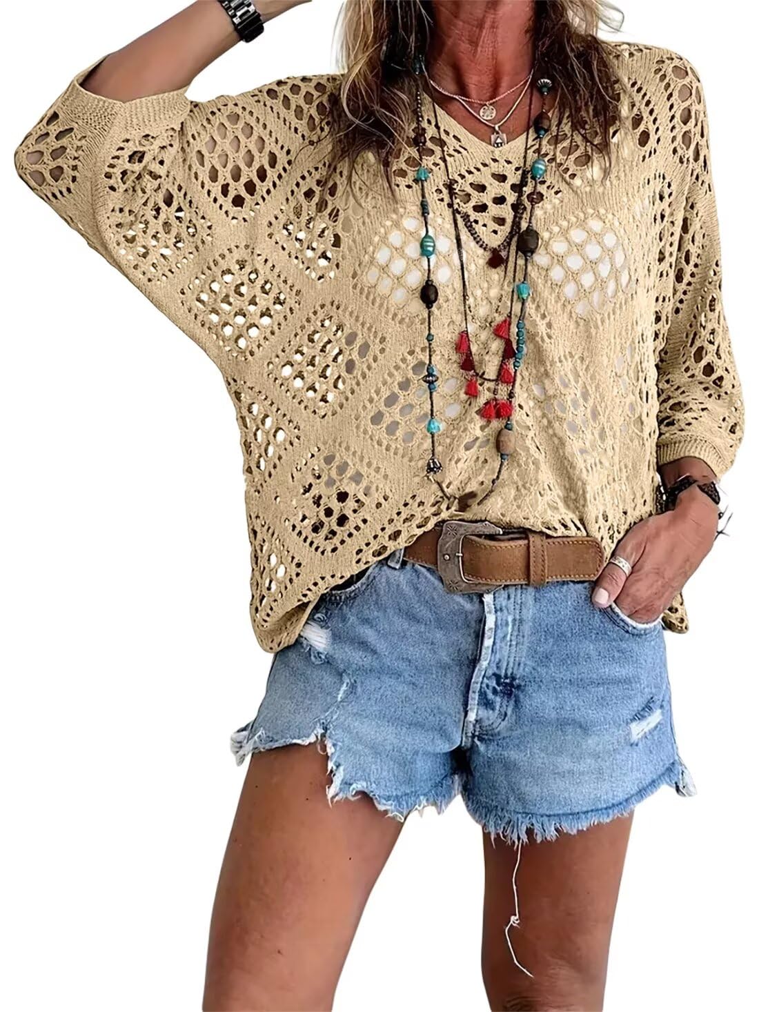 🥰50 % Rabatt💛Beiges Häkeloberteil für Damen im Boho-Stil mit V-Ausschnitt