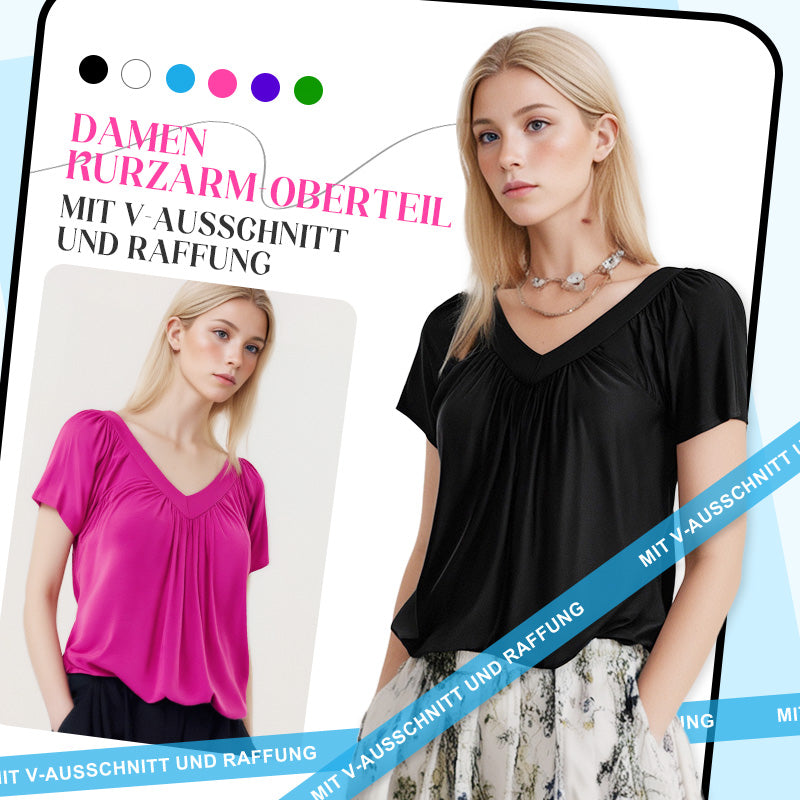 🌺2026 Neu eingetroffen - 50% OFF🌺Lässiges Damen-Top mit plissiertem V-Ausschnitt und kurzen Ärmeln