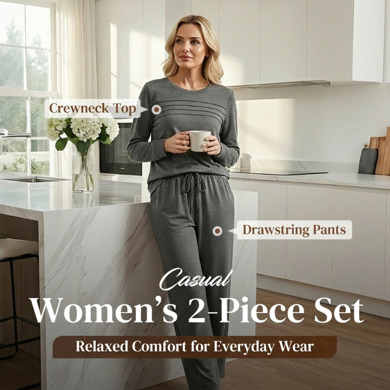 ☁️Weich und atmungsaktiv, ganztägiger Tragekomfort🏠 Lounge-Set für Damen – Oberteil mit Rundhalsausschnitt und Hose mit Kordelzug | Perfekt für zu Hause, zum Entspannen am Wochenende und für den bequemen Alltag ✨