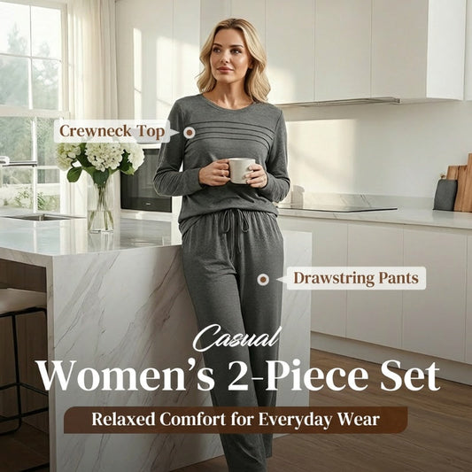 ☁️Weich und atmungsaktiv, ganztägiger Tragekomfort🏠 Lounge-Set für Damen – Oberteil mit Rundhalsausschnitt und Hose mit Kordelzug | Perfekt für zu Hause, zum Entspannen am Wochenende und für den bequemen Alltag ✨