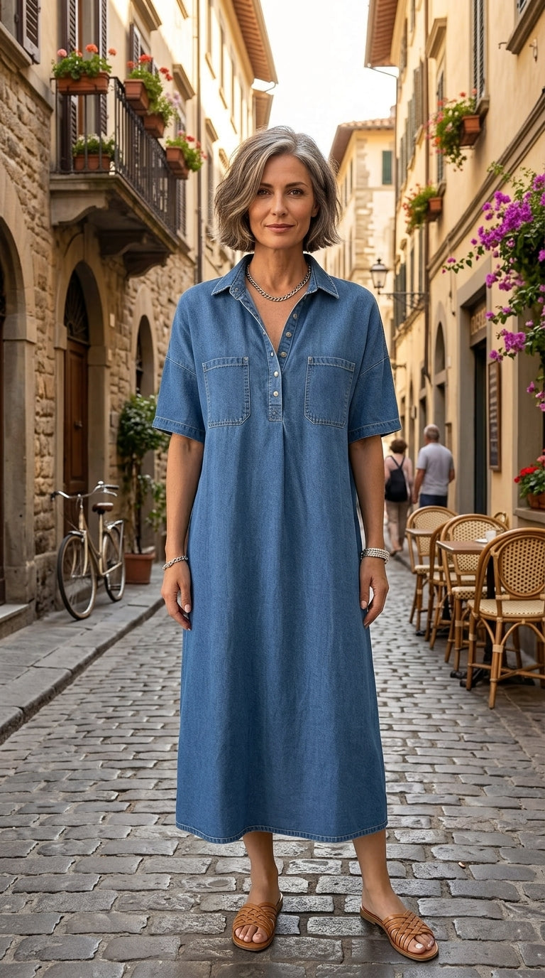 🔥 Letzter Tag! 50% Rabatt Damen Jeans-Hemdkleid Midi mit Taschen 👖 Lässiges alltagstaugliches Sommerkleid – bequem & figurfreundlich