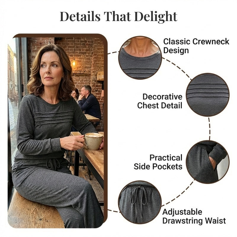 ☁️Weich und atmungsaktiv, ganztägiger Tragekomfort🏠 Lounge-Set für Damen – Oberteil mit Rundhalsausschnitt und Hose mit Kordelzug | Perfekt für zu Hause, zum Entspannen am Wochenende und für den bequemen Alltag ✨
