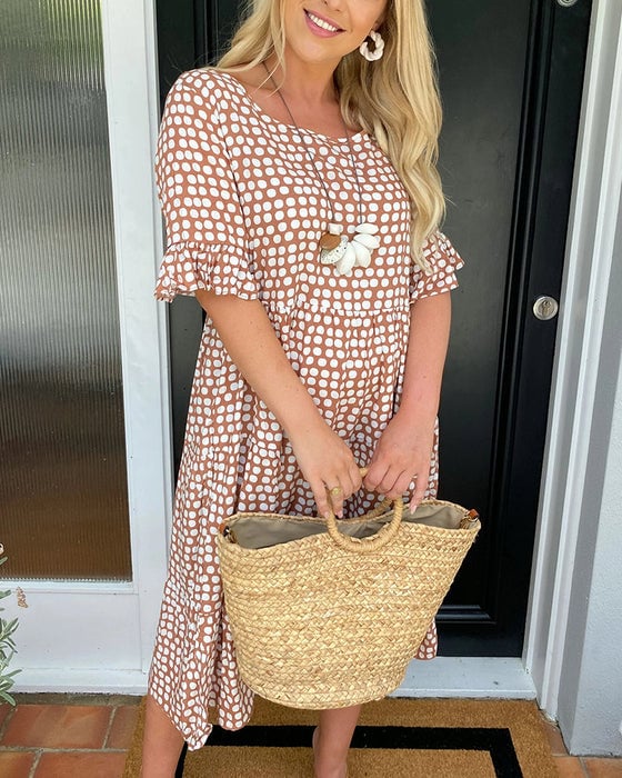 ⏰ Nur noch heute 50% Rabatt! ☄️ NEU heiß verkauft! Damen Midi Kleid mit zeitlosem Punktdruck & Rundhalsausschnitt, kurze Rüschenärmel und gestufter Rocksaum – 5 trendige Farben für Sommer, Urlaub und Alltag ✨
