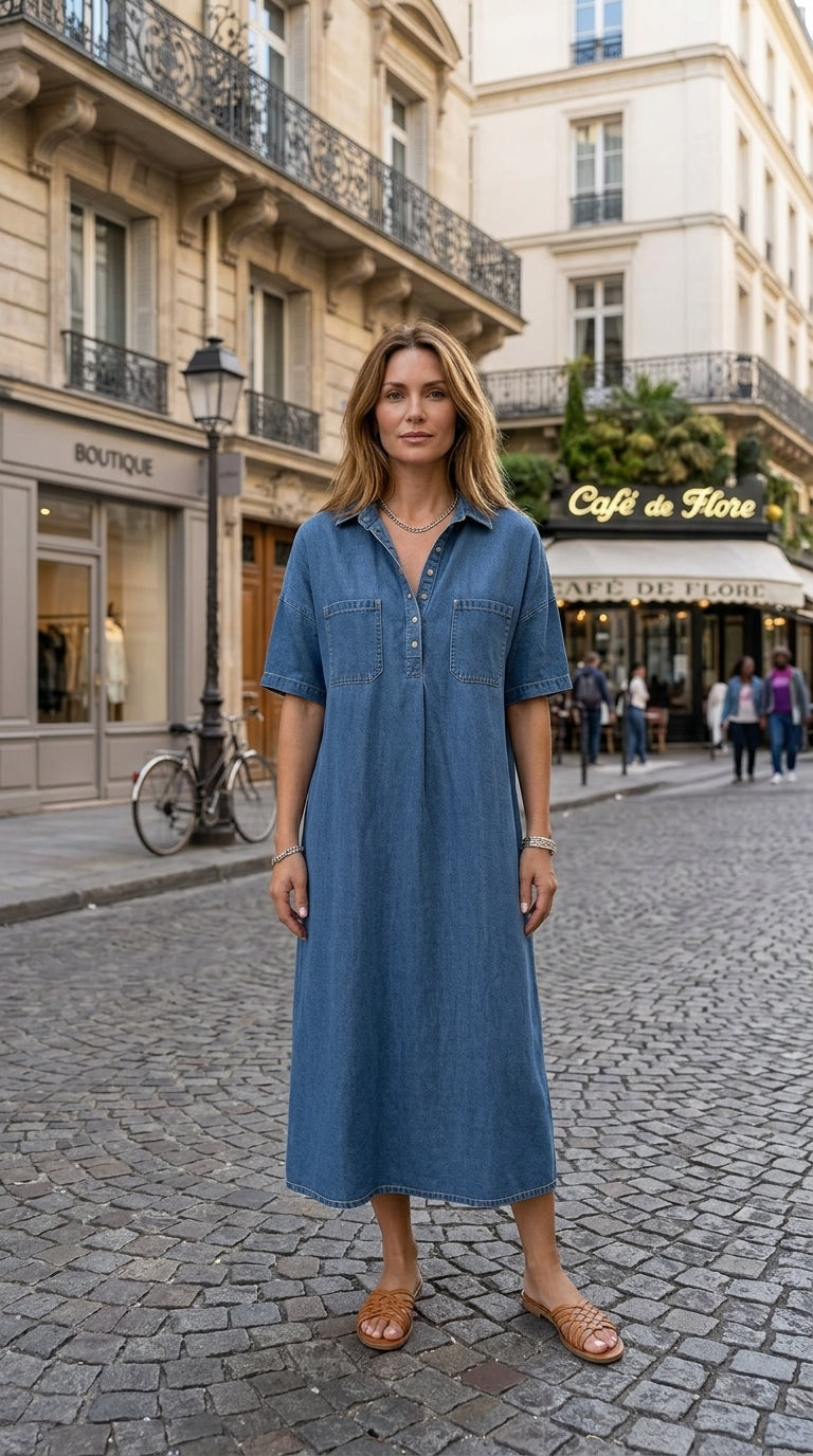🔥 Letzter Tag! 50% Rabatt Damen Jeans-Hemdkleid Midi mit Taschen 👖 Lässiges alltagstaugliches Sommerkleid – bequem & figurfreundlich