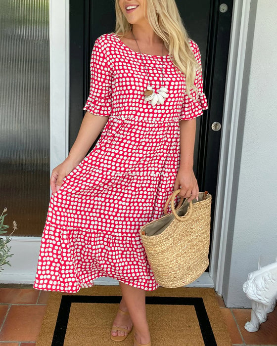⏰ Nur noch heute 50% Rabatt! ☄️ NEU heiß verkauft! Damen Midi Kleid mit zeitlosem Punktdruck & Rundhalsausschnitt, kurze Rüschenärmel und gestufter Rocksaum – 5 trendige Farben für Sommer, Urlaub und Alltag ✨