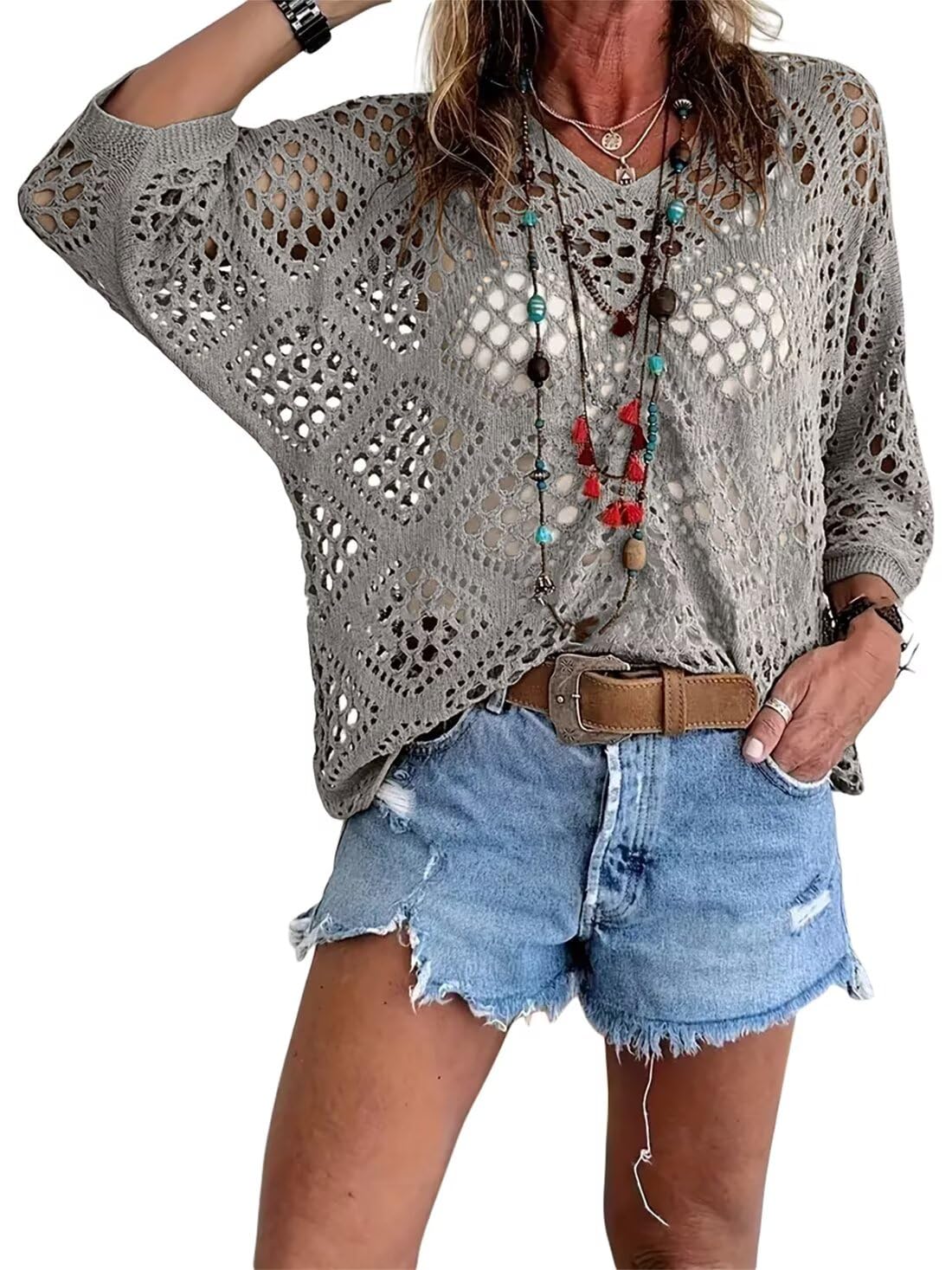 🥰50 % Rabatt💛Beiges Häkeloberteil für Damen im Boho-Stil mit V-Ausschnitt