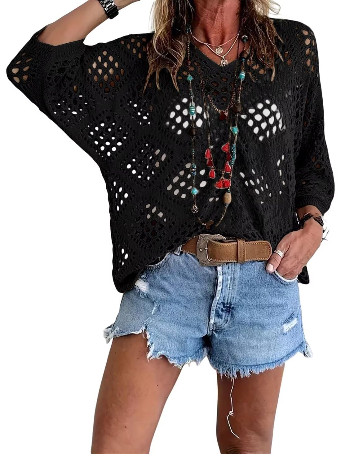 🥰50 % Rabatt💛Beiges Häkeloberteil für Damen im Boho-Stil mit V-Ausschnitt
