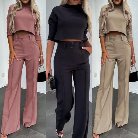 💖LAST DAY SALE 50% OFF!!✨Women's Wide-Leg Commuter Pants & Elegant Crop Top Set