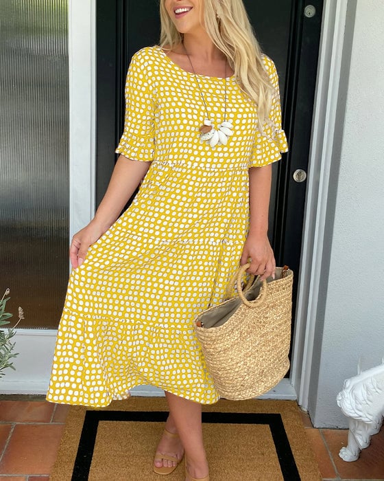 ⏰ Nur noch heute 50% Rabatt! ☄️ NEU heiß verkauft! Damen Midi Kleid mit zeitlosem Punktdruck & Rundhalsausschnitt, kurze Rüschenärmel und gestufter Rocksaum – 5 trendige Farben für Sommer, Urlaub und Alltag ✨