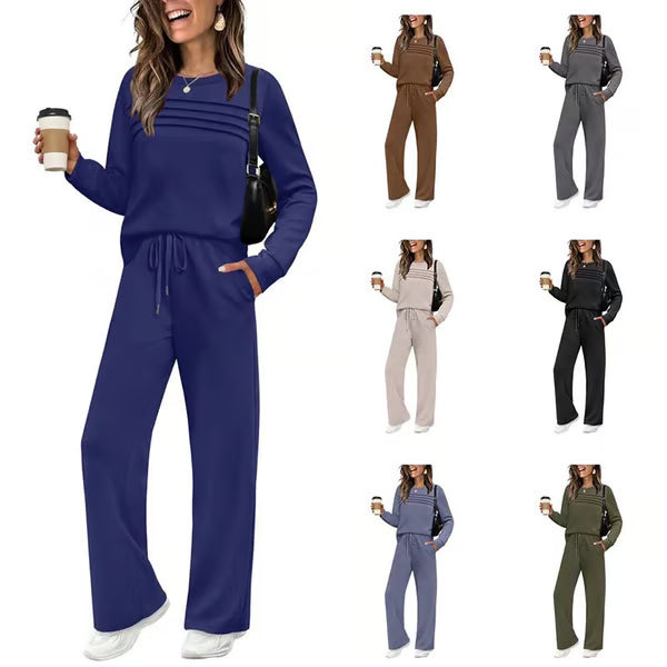 ☁️Weich und atmungsaktiv, ganztägiger Tragekomfort🏠 Lounge-Set für Damen – Oberteil mit Rundhalsausschnitt und Hose mit Kordelzug | Perfekt für zu Hause, zum Entspannen am Wochenende und für den bequemen Alltag ✨