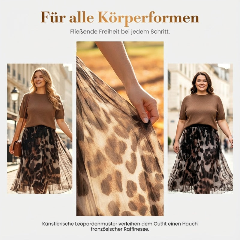 Zweiteiliges Set für Damen bestehend aus Pullover und fließendem Rock mit Leopardenmuster