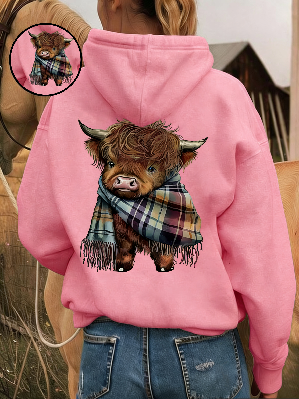 🐮 50% RABATT!!🎁Niedliches Kapuzensweatshirt mit kuscheligem Fleecefutter, Highland-Kuh-Motiv
