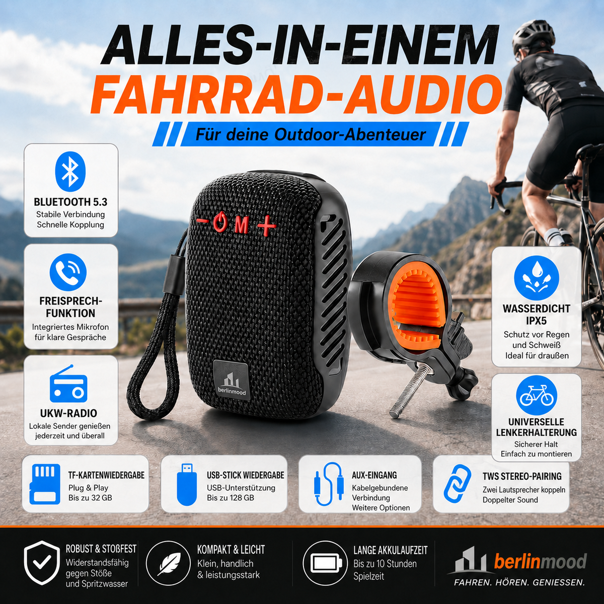 🔊 50% RABATT! 🚲 Wasserdichter Bluetooth-Fahrradlautsprecher mit Montagebügel – IPX5, TWS & Perfekt für Jede Fahrt 🎵