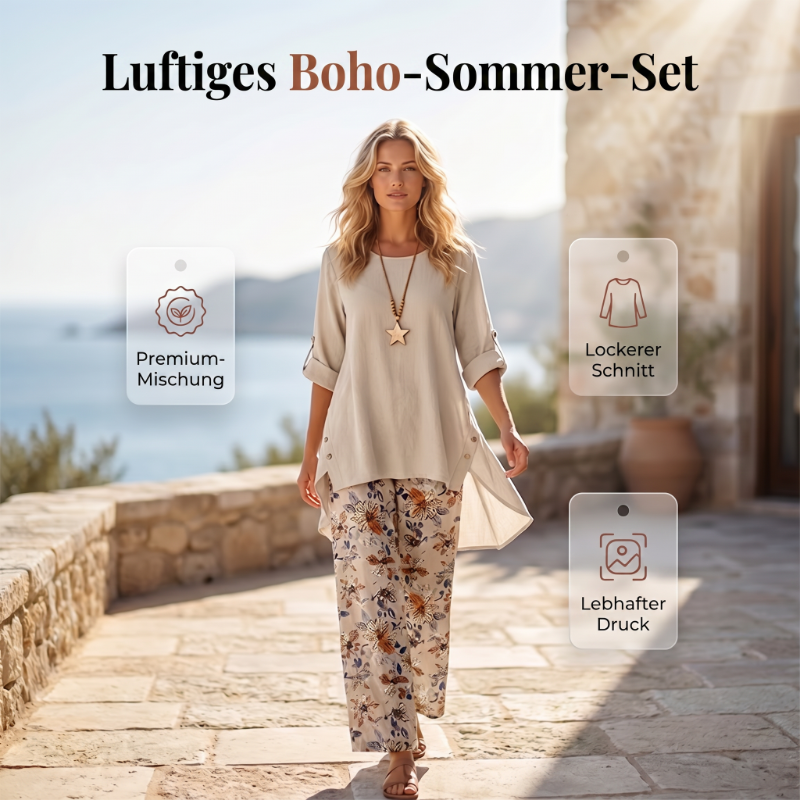 ⏳ Letzter Tag: 50 % Rabatt🔥 Damen 2-Teiler Baumwoll-Leinen Set ✨ Boho Blumenprint, locker & atmungsaktiv für Sommer & Urlaub