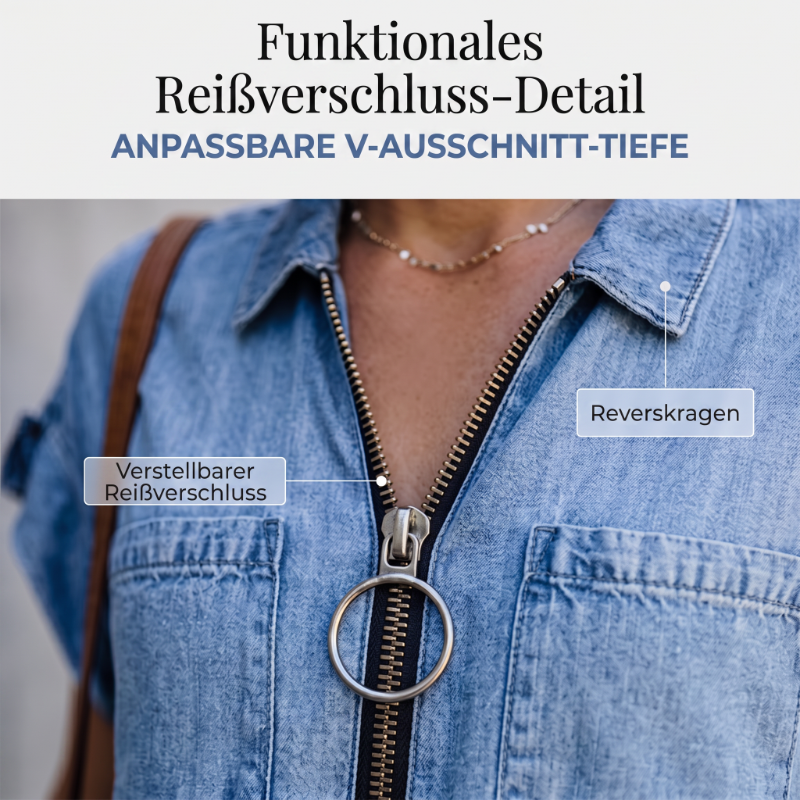 👗Lässiges Jeanshemdkleid für Damen, locker geschnitten, mit Reverskragen, kurzen Ärmeln, Reißverschluss und Taschen