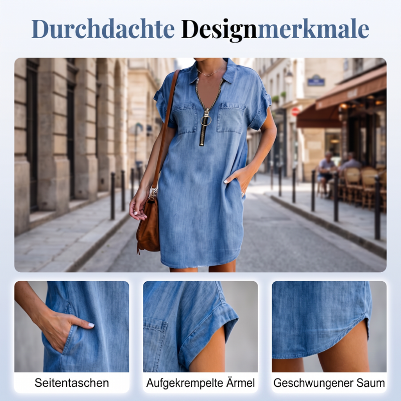 👗Lässiges Jeanshemdkleid für Damen, locker geschnitten, mit Reverskragen, kurzen Ärmeln, Reißverschluss und Taschen