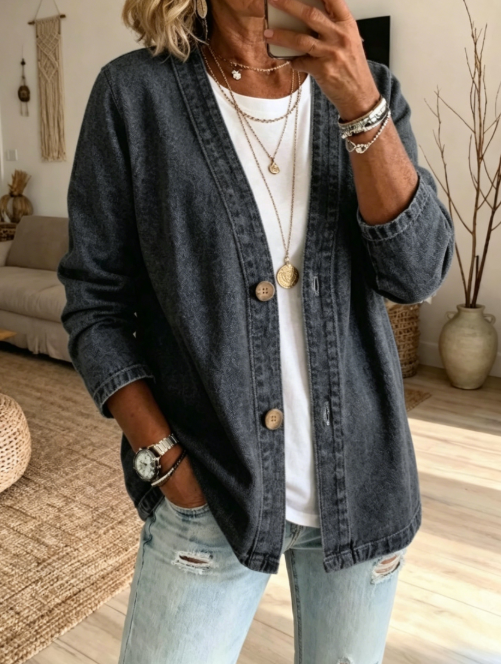 🌸Klassische Damen-Jeansjacke – V-Ausschnitt, Knopfleiste & Lockerer Casual-Schnitt ✨🧥