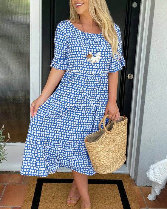 ⏰ Nur noch heute 50% Rabatt! ☄️ NEU heiß verkauft! Damen Midi Kleid mit zeitlosem Punktdruck & Rundhalsausschnitt, kurze Rüschenärmel und gestufter Rocksaum – 5 trendige Farben für Sommer, Urlaub und Alltag ✨
