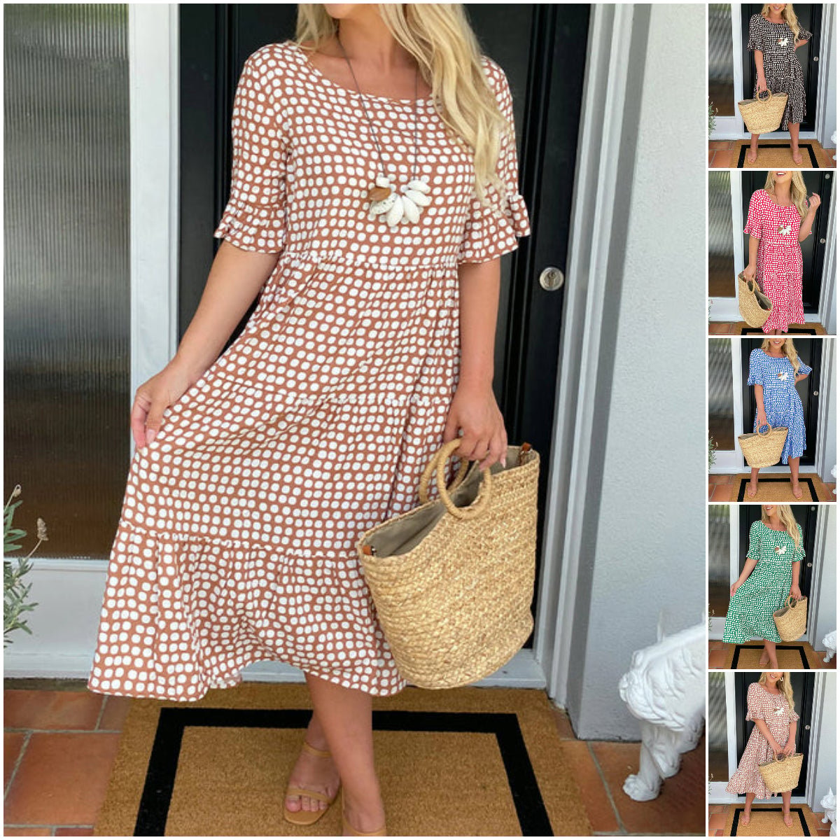 ⏰ Nur noch heute 50% Rabatt! ☄️ NEU heiß verkauft! Damen Midi Kleid mit zeitlosem Punktdruck & Rundhalsausschnitt, kurze Rüschenärmel und gestufter Rocksaum – 5 trendige Farben für Sommer, Urlaub und Alltag ✨