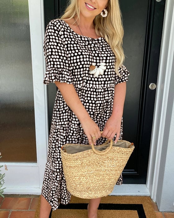 ⏰ Nur noch heute 50% Rabatt! ☄️ NEU heiß verkauft! Damen Midi Kleid mit zeitlosem Punktdruck & Rundhalsausschnitt, kurze Rüschenärmel und gestufter Rocksaum – 5 trendige Farben für Sommer, Urlaub und Alltag ✨