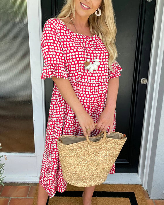 ⏰ Nur noch heute 50% Rabatt! ☄️ NEU heiß verkauft! Damen Midi Kleid mit zeitlosem Punktdruck & Rundhalsausschnitt, kurze Rüschenärmel und gestufter Rocksaum – 5 trendige Farben für Sommer, Urlaub und Alltag ✨