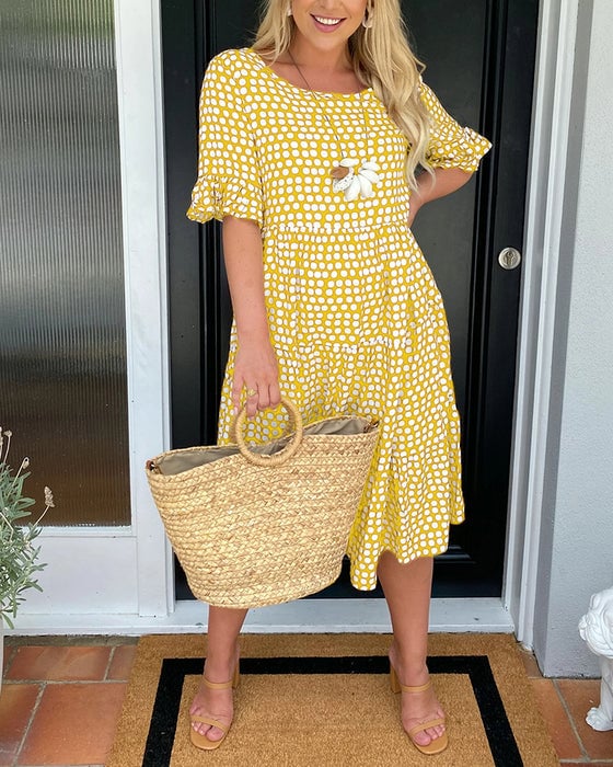 ⏰ Nur noch heute 50% Rabatt! ☄️ NEU heiß verkauft! Damen Midi Kleid mit zeitlosem Punktdruck & Rundhalsausschnitt, kurze Rüschenärmel und gestufter Rocksaum – 5 trendige Farben für Sommer, Urlaub und Alltag ✨
