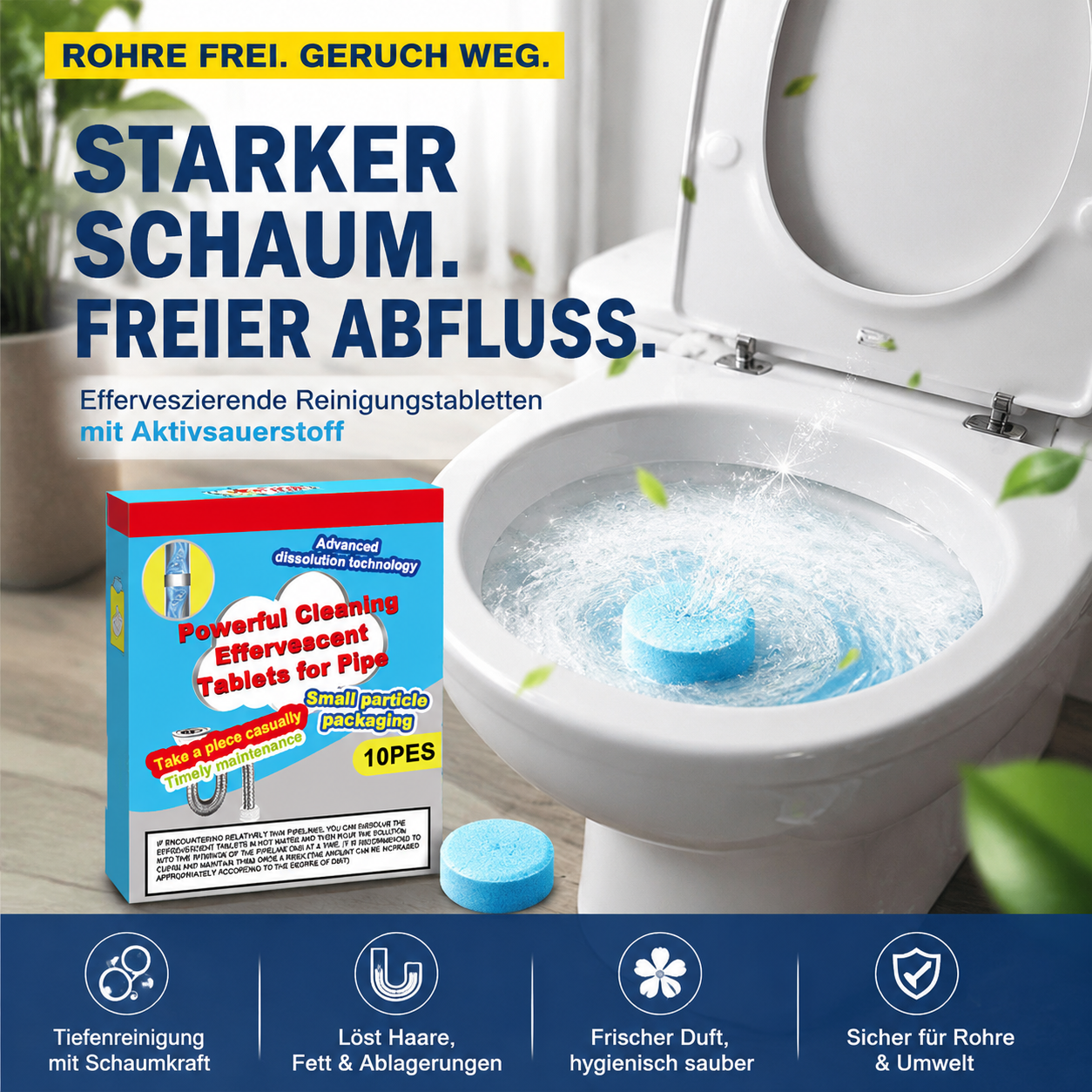 🔥50 % RABATT ❤️ Leistungsstarke Reinigungstabletten für Abflüsse – lösen schnell Haare und Fettablagerungen, entfernen unangenehme Gerüche und wirken antibakteriell für Waschbecken, Toilette und Bodenabläufe.