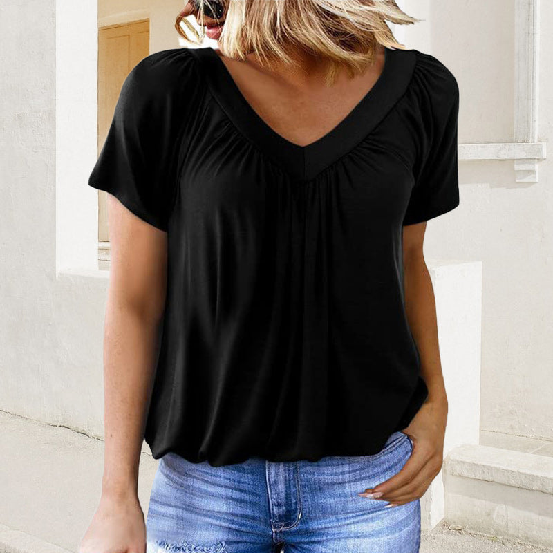 🌺2026 Neu eingetroffen - 50% OFF🌺Lässiges Damen-Top mit plissiertem V-Ausschnitt und kurzen Ärmeln