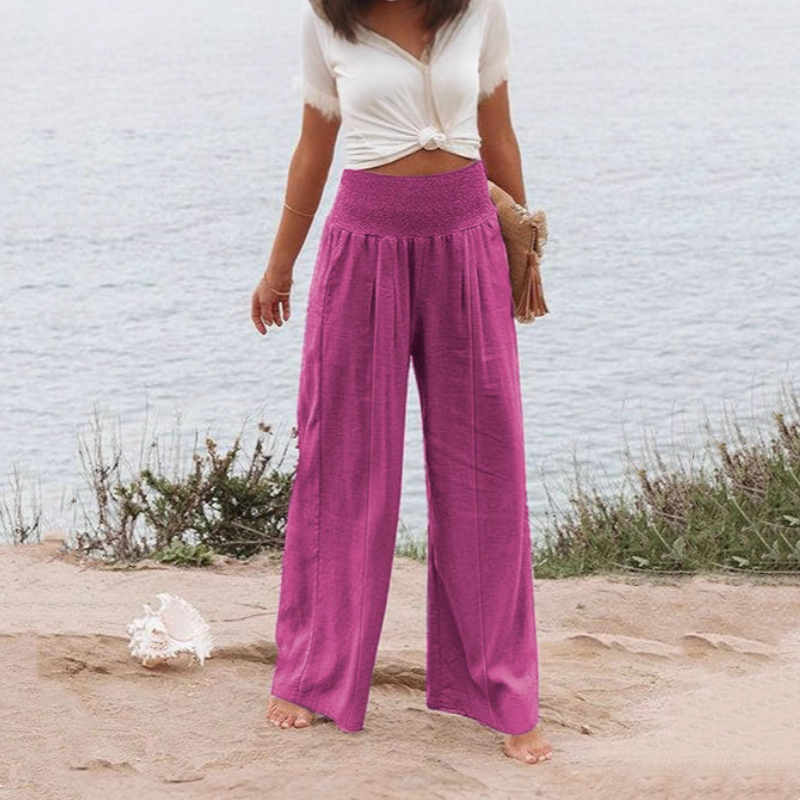 Damen-Freizeithose mit Smockbund und weitem Bein in Uni-Farbe