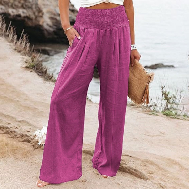 Damen-Freizeithose mit Smockbund und weitem Bein in Uni-Farbe