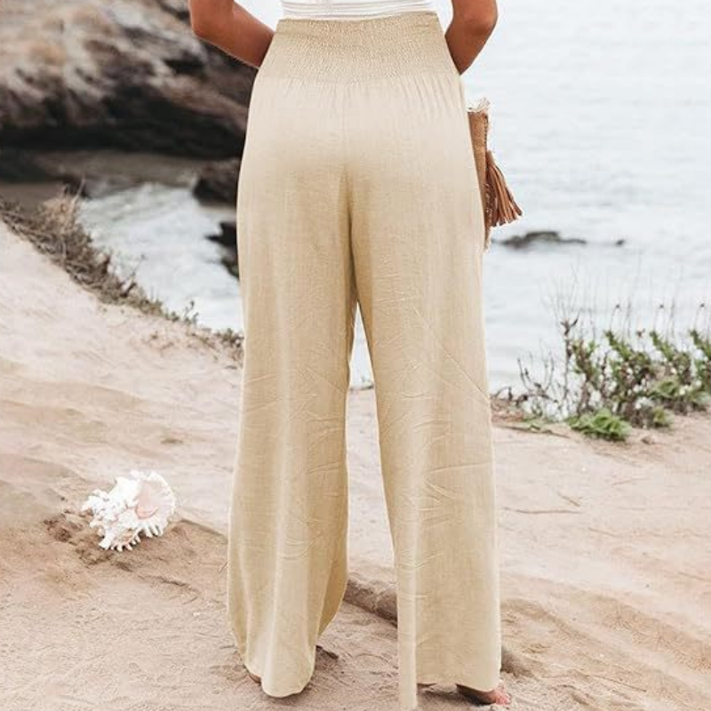 Damen-Freizeithose mit Smockbund und weitem Bein in Uni-Farbe
