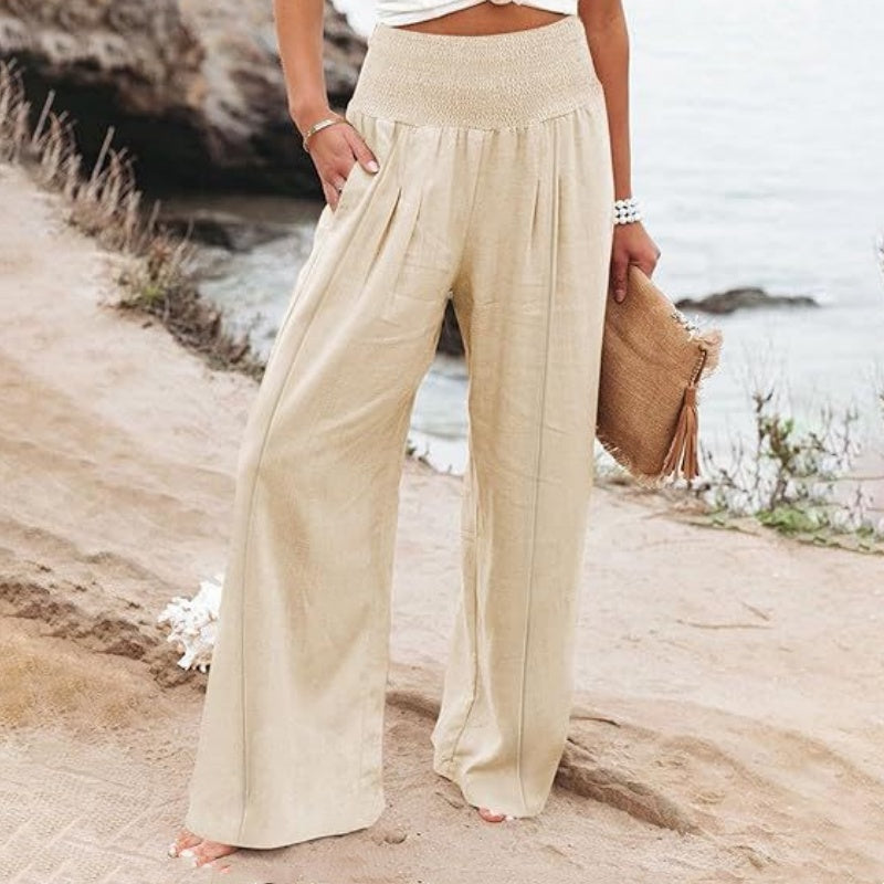 Damen-Freizeithose mit Smockbund und weitem Bein in Uni-Farbe