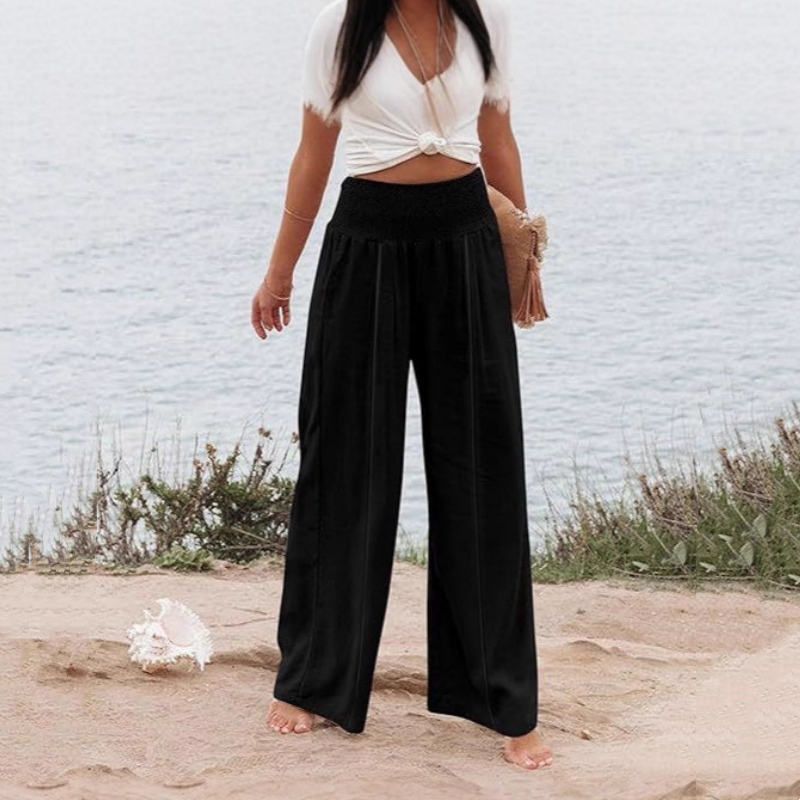 Damen-Freizeithose mit Smockbund und weitem Bein in Uni-Farbe