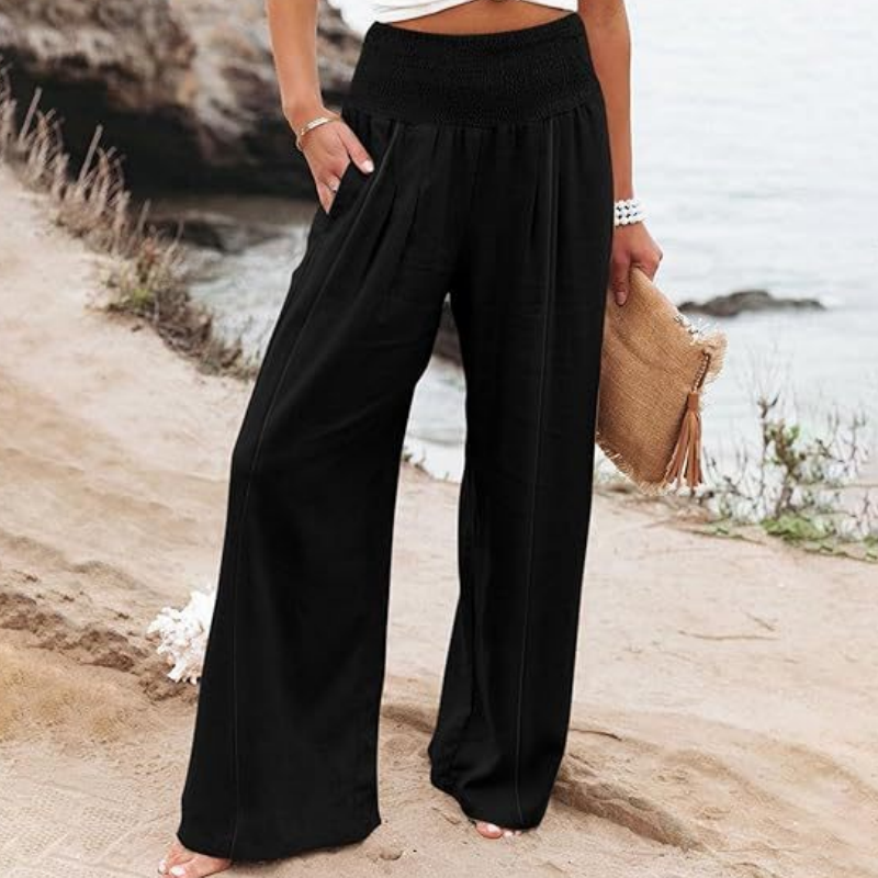 Damen-Freizeithose mit Smockbund und weitem Bein in Uni-Farbe