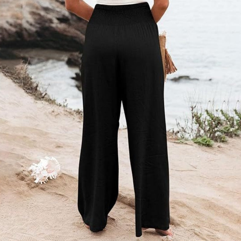 Damen-Freizeithose mit Smockbund und weitem Bein in Uni-Farbe