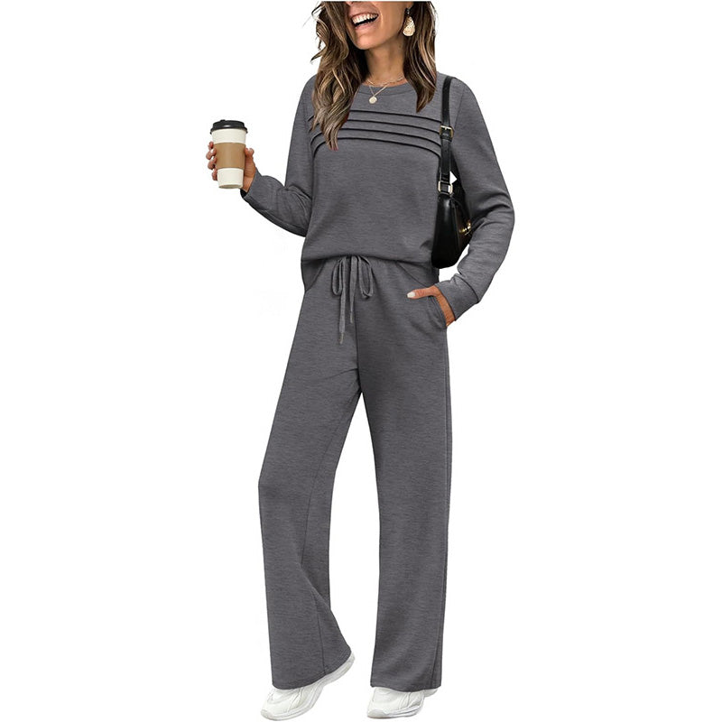 ☁️Weich und atmungsaktiv, ganztägiger Tragekomfort🏠 Lounge-Set für Damen – Oberteil mit Rundhalsausschnitt und Hose mit Kordelzug | Perfekt für zu Hause, zum Entspannen am Wochenende und für den bequemen Alltag ✨