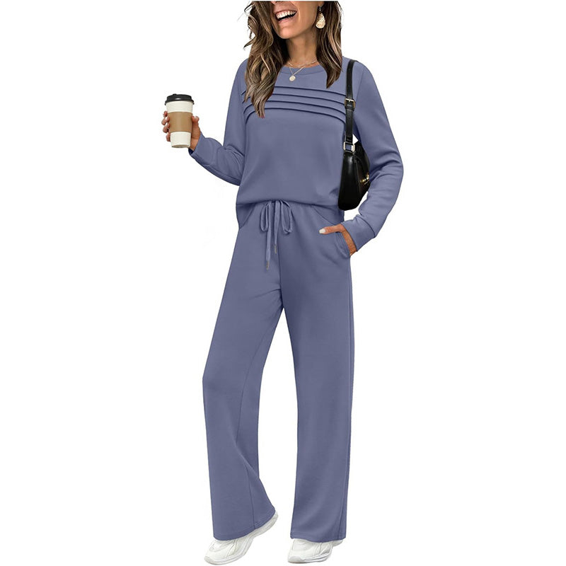 ☁️Weich und atmungsaktiv, ganztägiger Tragekomfort🏠 Lounge-Set für Damen – Oberteil mit Rundhalsausschnitt und Hose mit Kordelzug | Perfekt für zu Hause, zum Entspannen am Wochenende und für den bequemen Alltag ✨