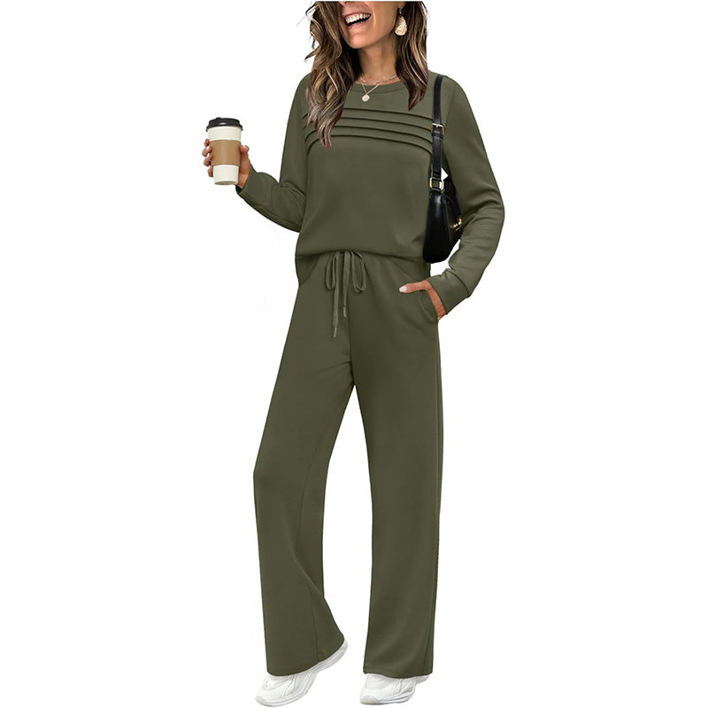 ☁️Weich und atmungsaktiv, ganztägiger Tragekomfort🏠 Lounge-Set für Damen – Oberteil mit Rundhalsausschnitt und Hose mit Kordelzug | Perfekt für zu Hause, zum Entspannen am Wochenende und für den bequemen Alltag ✨