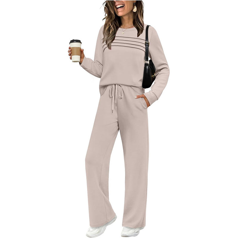 🔥LETZTER TAG 50 % RABATT💓Set aus Damen-Oberteil mit Rundhalsausschnitt und Hose mit Kordelzug💯