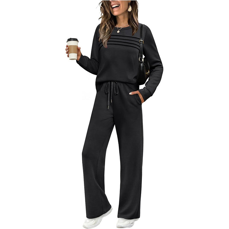 ☁️Weich und atmungsaktiv, ganztägiger Tragekomfort🏠 Lounge-Set für Damen – Oberteil mit Rundhalsausschnitt und Hose mit Kordelzug | Perfekt für zu Hause, zum Entspannen am Wochenende und für den bequemen Alltag ✨