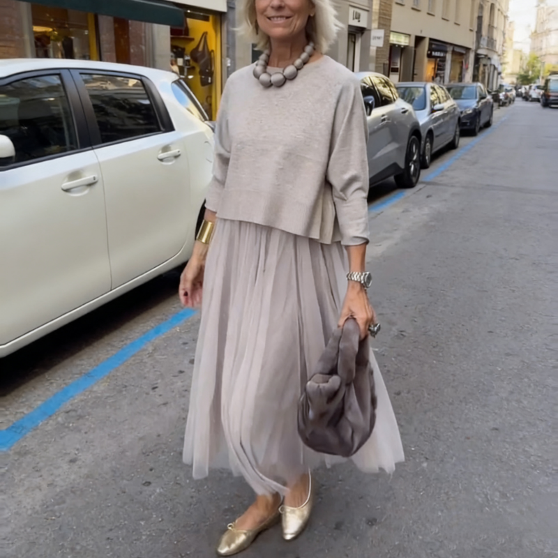 Damen zweiteiliges Set: Langarm-Oberteil und ärmelloses Kleid