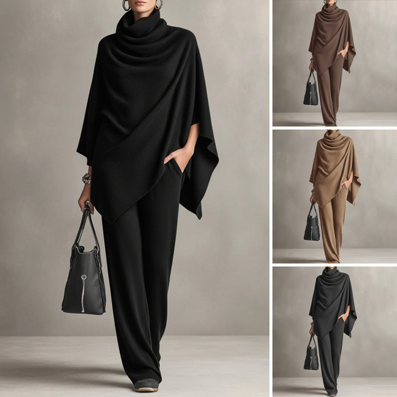 Damen-Set: Cape-Oberteil mit Wasserfallkragen & Hose mit weitem Bein