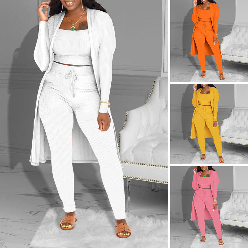Lässiges 3-teiliges Strickset – Cropped Top, Cardigan & Hose