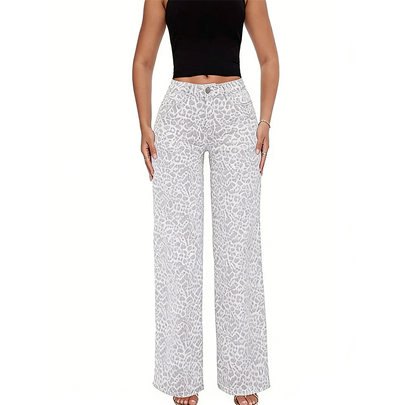 Damenjeans mit Leopardenmuster, hoher Taille und weitem Bein