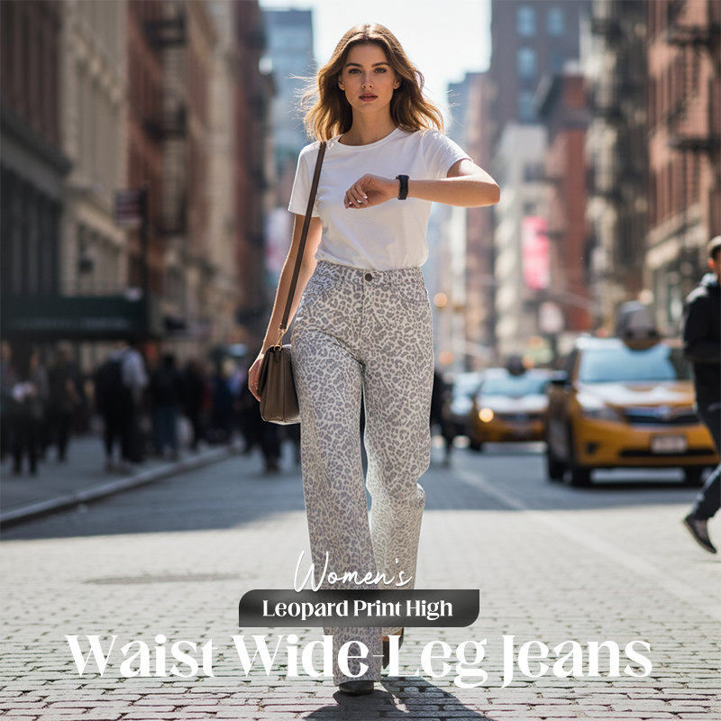 Damenjeans mit Leopardenmuster, hoher Taille und weitem Bein